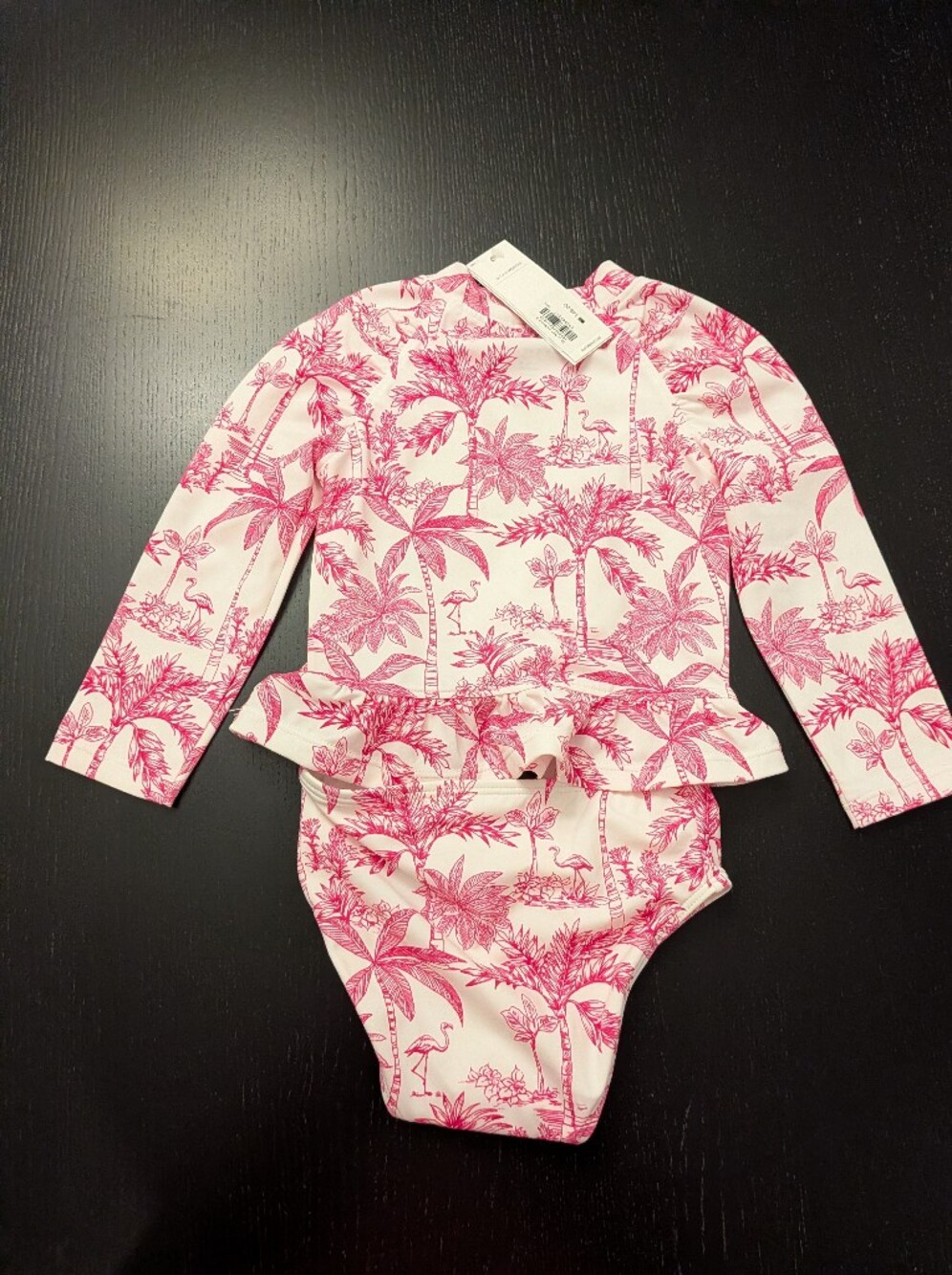 Janie and Jack Pink and White Tropical Print Long-Sleeve Rash Guard One-Piece - Picture 8 of 8